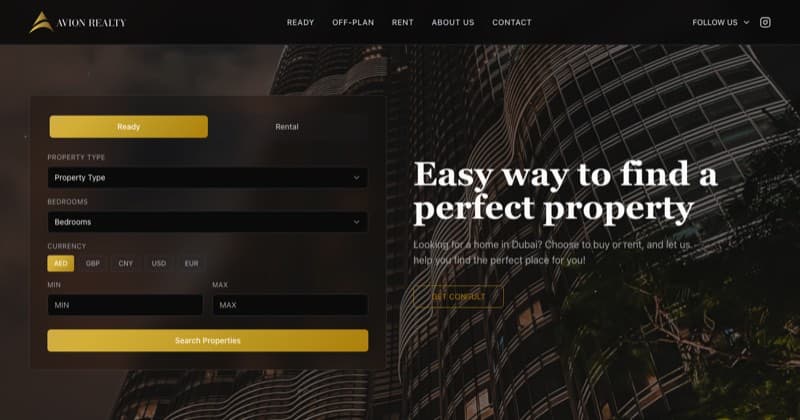 The Avion Realty property portal with its listing search