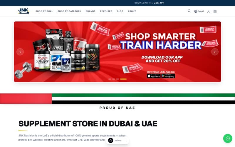 The JNK Nutrition supplement store homepage
