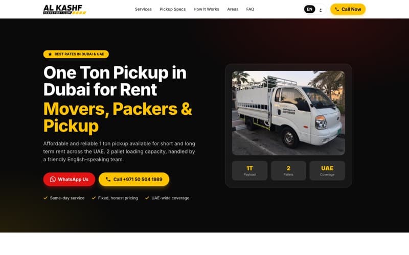 The One Ton Pickup vehicle rental homepage