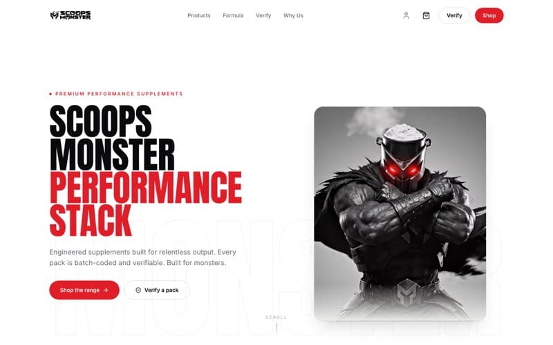 The Scoops Monster supplement brand homepage